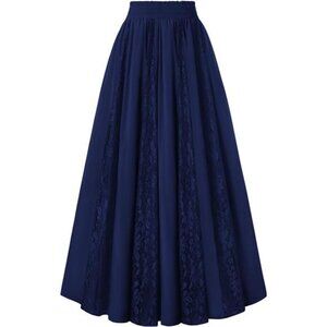Women Boho Flowy Lace Patchwork Renaissance Long Skirts Blue